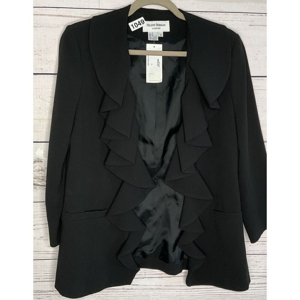 HELENE BERMAN LONDON Women’s S Small Ruffled Front BLACK Jacket Long Sleeve Crep